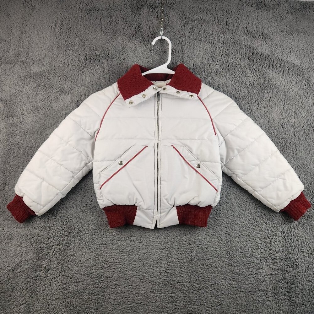 Vintage 80's Puffer Quilted Bomber Jacket Youth‎ 6 White/Maroon Snowboard Retro